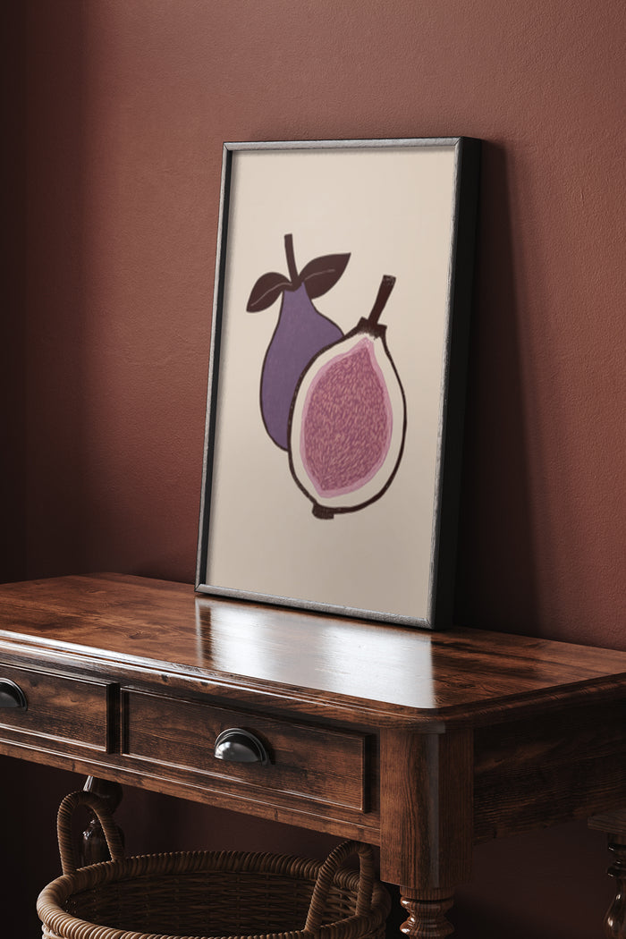Stylish modern artwork of a purple fig on poster framed on a wooden side table against maroon wall