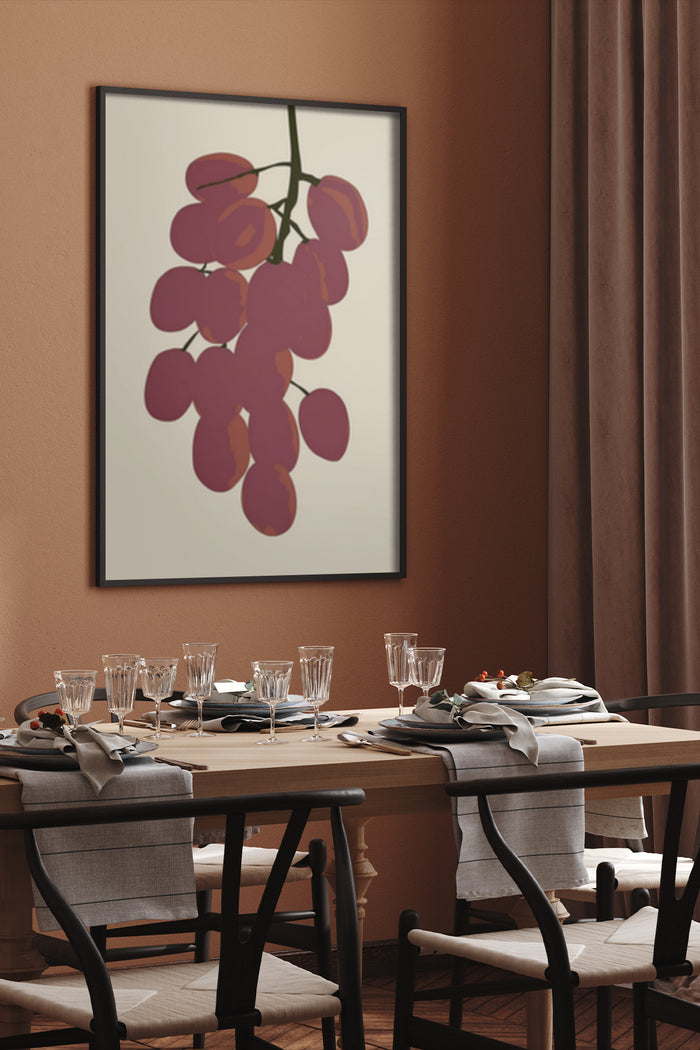 Contemporary dining room interior with modern purple grape cluster artwork poster on wall