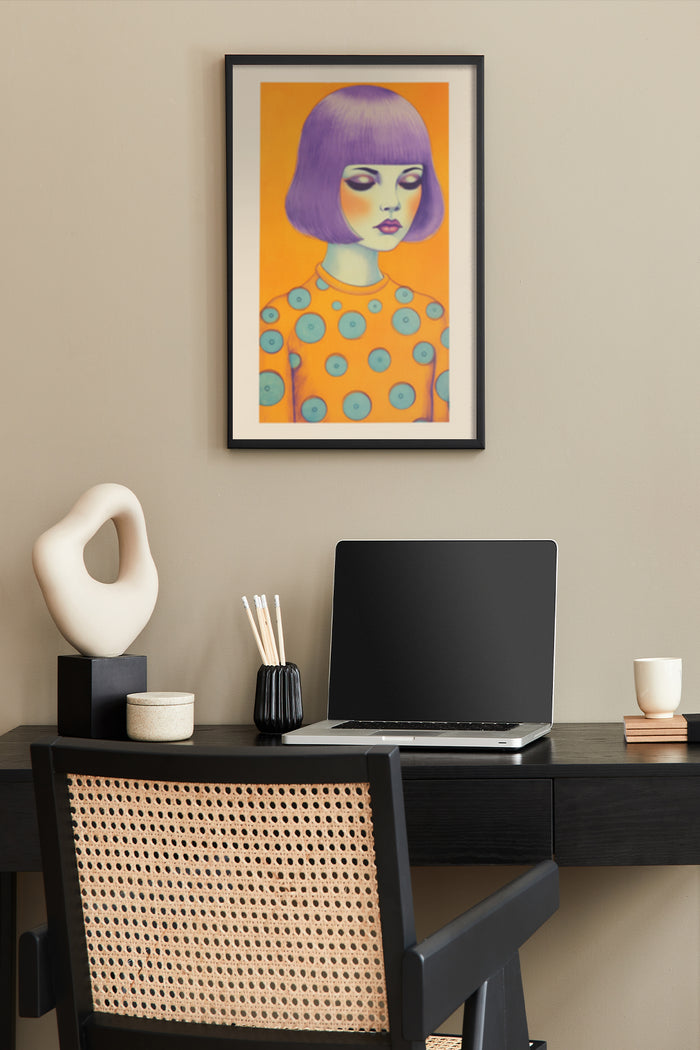 Modern purple hair girl artwork poster in a stylish home office setup