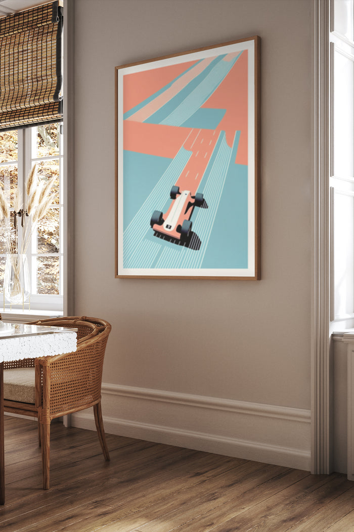 Stylized modern race car poster with dynamic lines and soft color palette displayed in a contemporary home setting