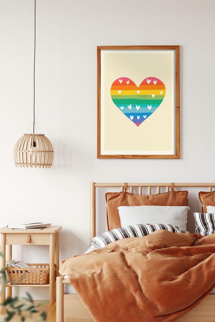 Contemporary bedroom with rainbow heart design poster on the wall