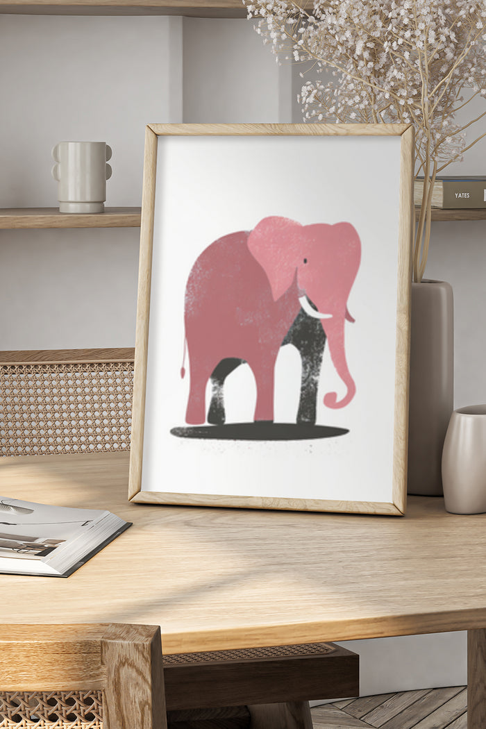 Modern Red and Black Elephant Art Poster in Wooden Frame
