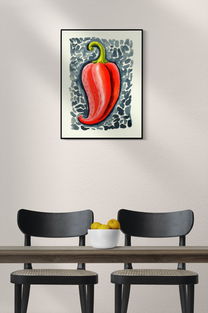 Modern stylized red chili pepper painting in a contemporary kitchen