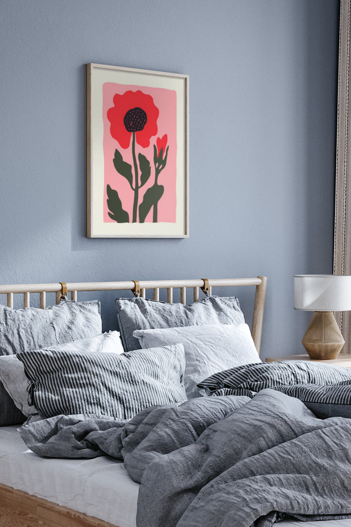 Stylish red flower illustration poster as bedroom wall decoration in a contemporary home setting