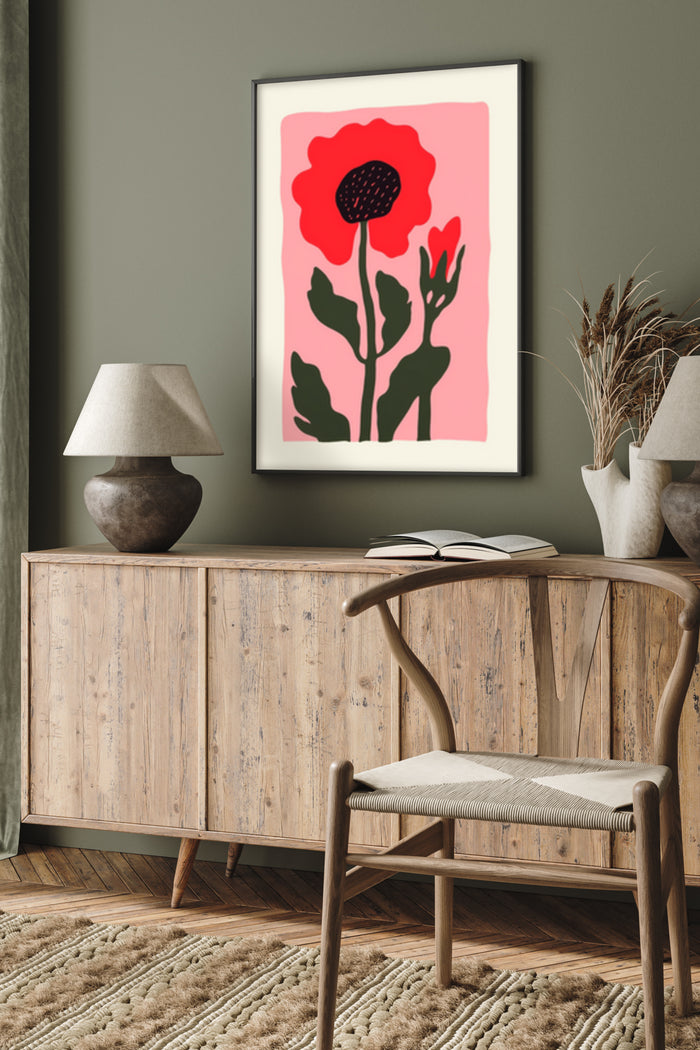 Modern minimalist red flower poster in stylish home interior