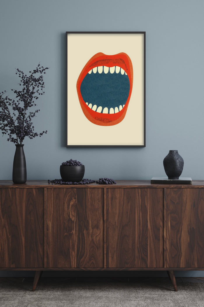 Modern Red Lips Artwork Poster on Wall in Stylish Interior Design Setting