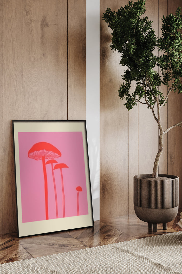 Minimalist red mushroom artwork on pink background poster in stylish room decor