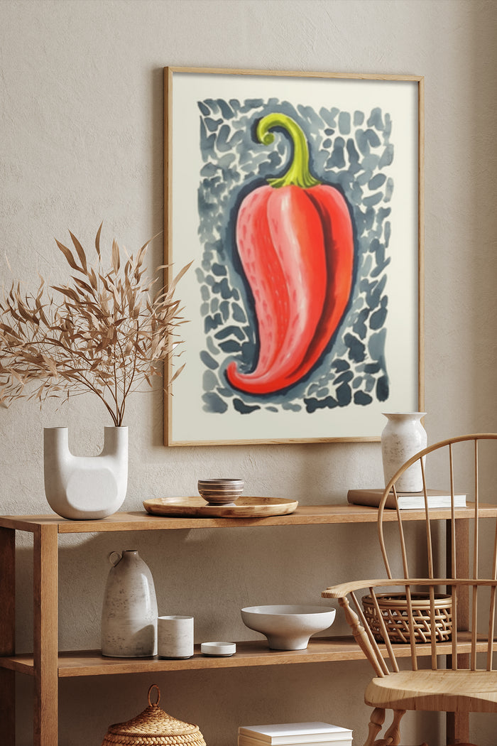 Modern Red Pepper Art Poster Displayed in Stylish Home Interior