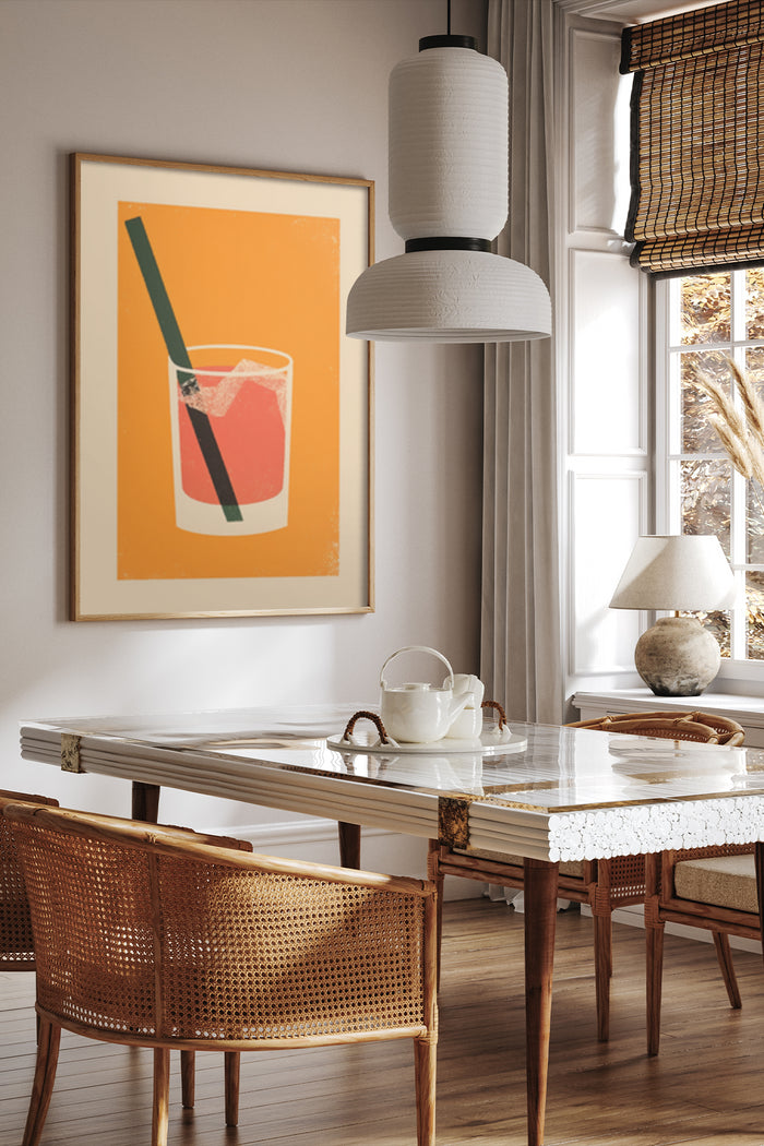Modern refreshing drink art poster in a cozy dining room interior design setting