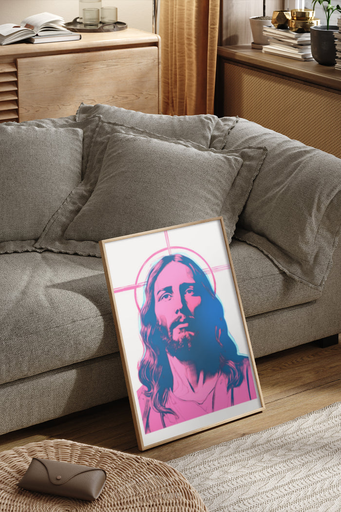 Pop art style portrayal of a religious figure in pink and blue, framed and placed on floor against couch