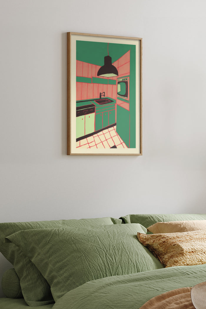 Modern Retro Kitchen Art Poster in Stylish Bedroom Interior