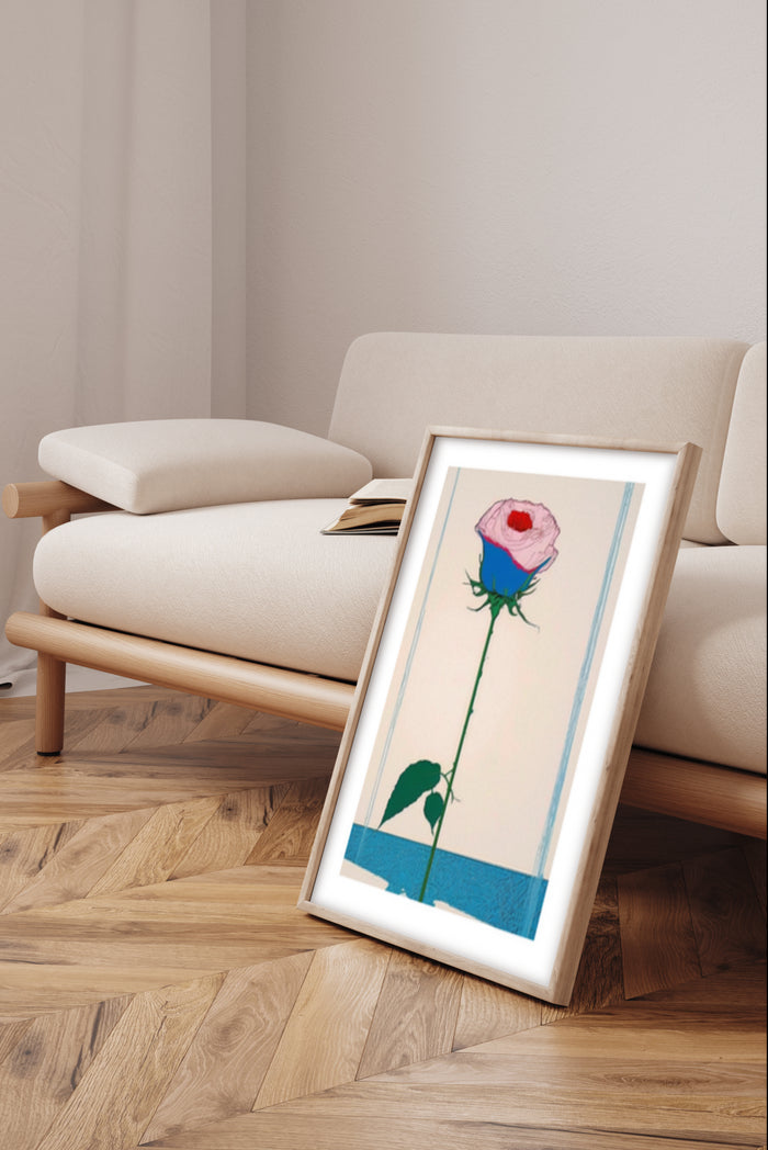 Stylized rose poster framed in a modern living room setting