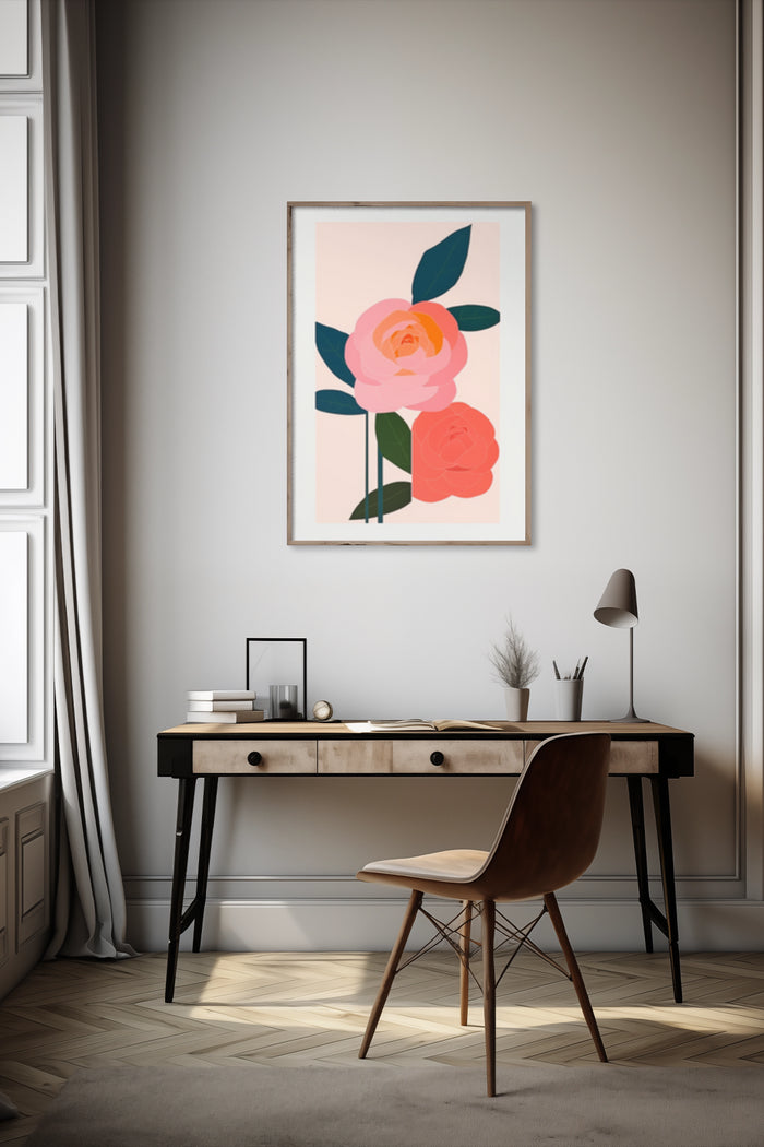 Modern Rose Art Poster Displayed in a Stylish Home Office Interior