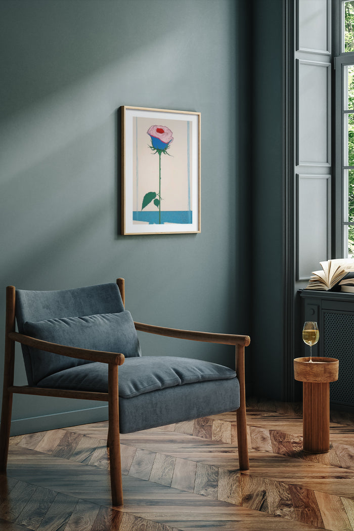 Stylish interior with modern rose artwork poster on wall