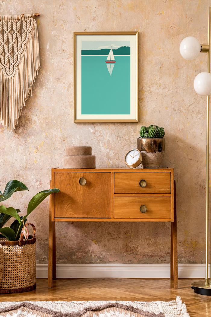 Modern minimalist sailing boat poster framed on wall in boho-style interior decor