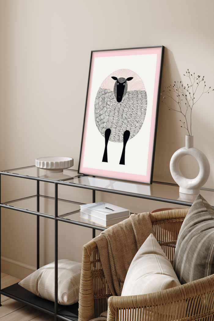 Contemporary Sheep Illustration Poster in Stylish Living Room Decor