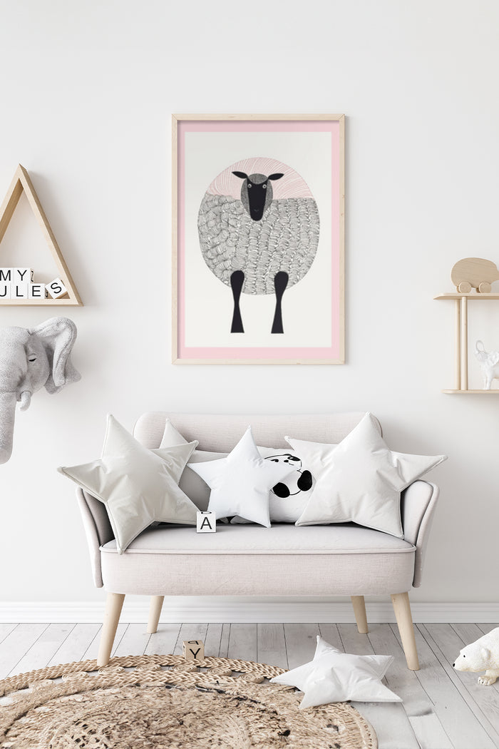 Stylish sheep illustration poster framed on a white living room wall with cozy sofa and decorative pillows