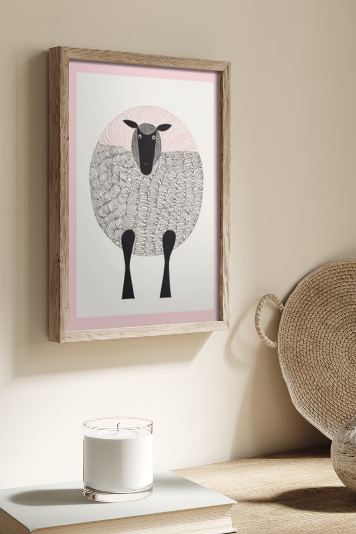 Contemporary sheep illustration poster with pink background in wooden frame