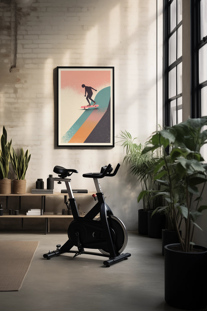 Minimalist skateboarder illustration poster on wall above indoor cycling bike in a stylish home gym setting
