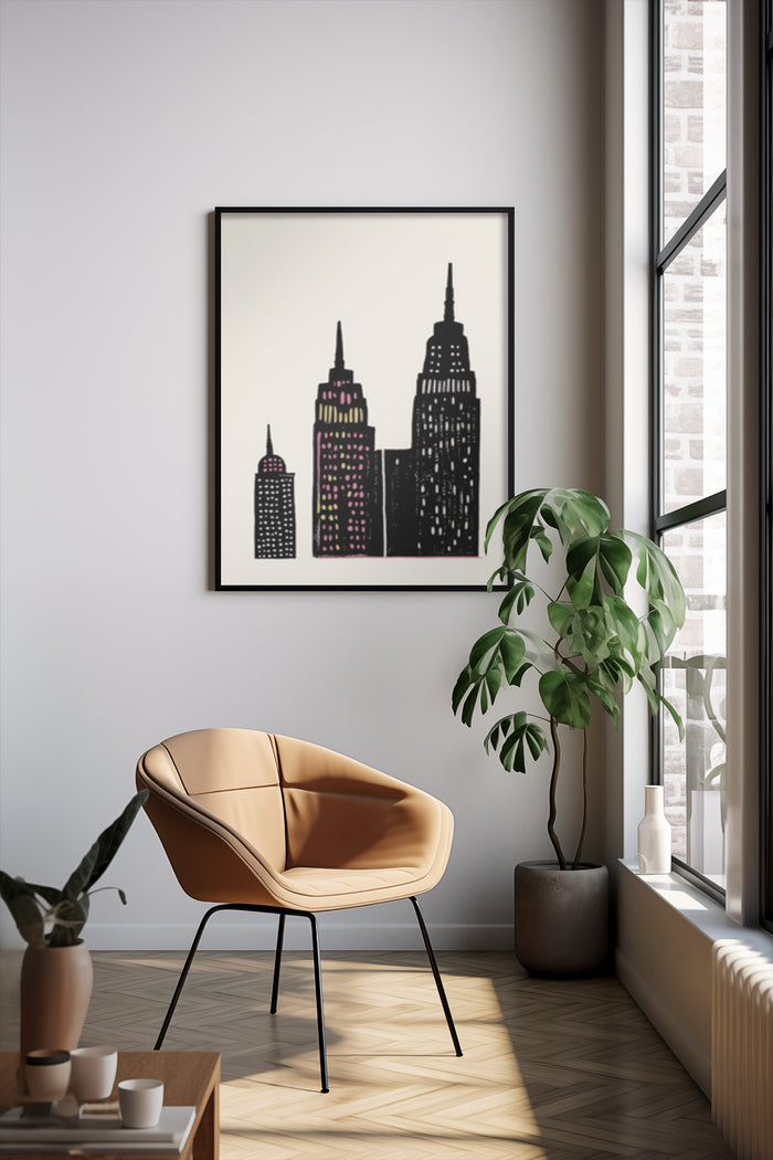 Contemporary city skyline wall art in a stylish modern room with natural light