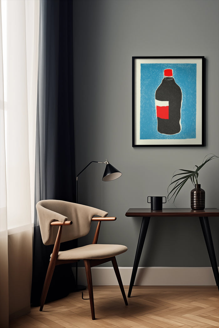 Modern soda bottle framed poster on wall in stylish interior with wood chair and table