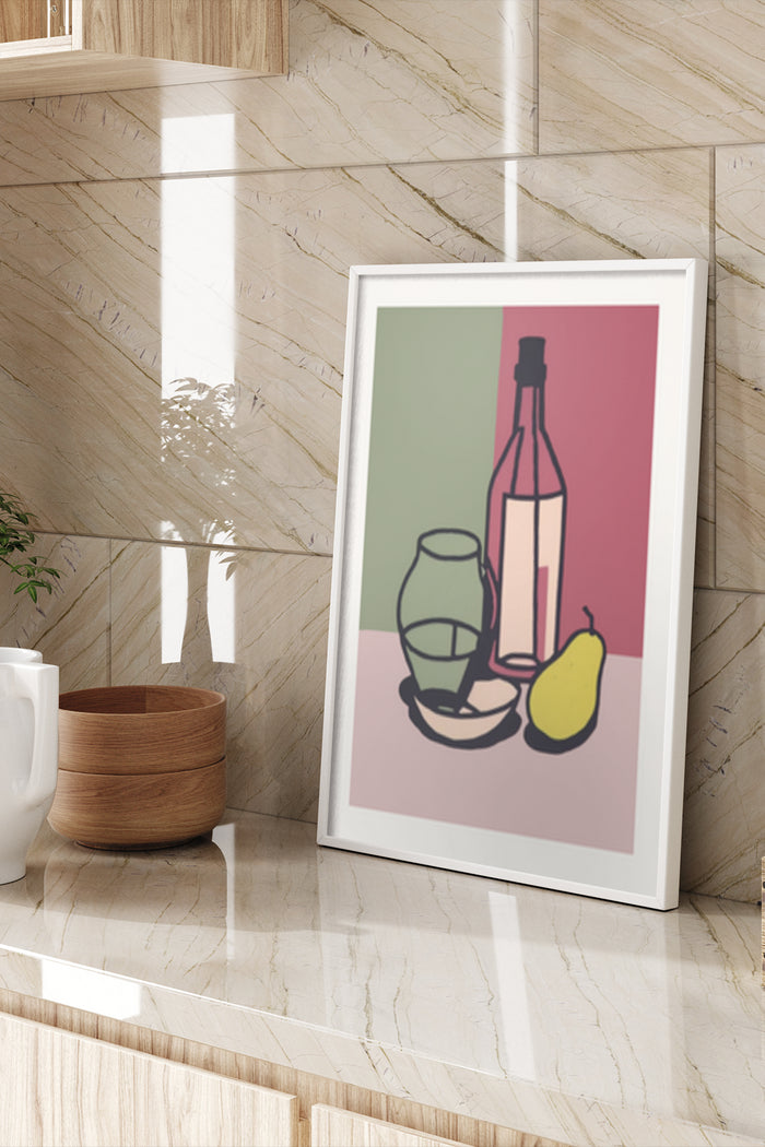 Modern still life poster with bottle, glass, and pear in stylish interior setting