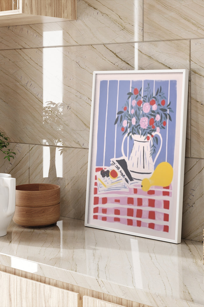 Modern still life poster depicting flowers in a pitcher and fruit on a checkered tablecloth