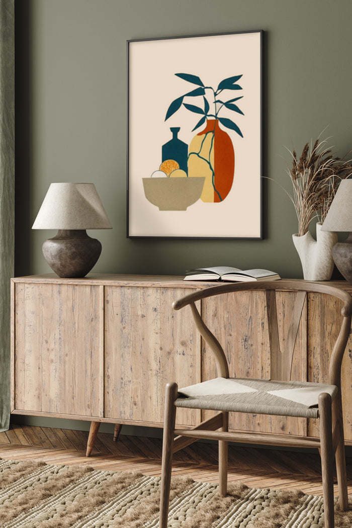 Modern still life poster featuring plant, fruit bowl and bottles, stylishly displayed in a contemporary living room setting