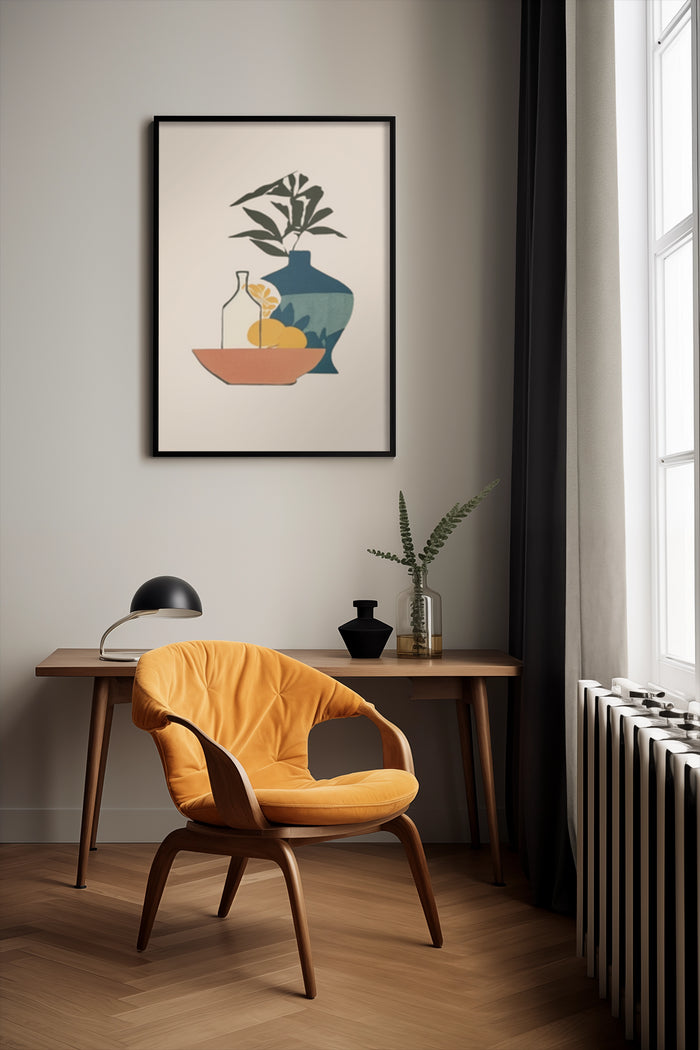 Minimalist still life artwork in stylish room with mustard accent chair and wooden furniture