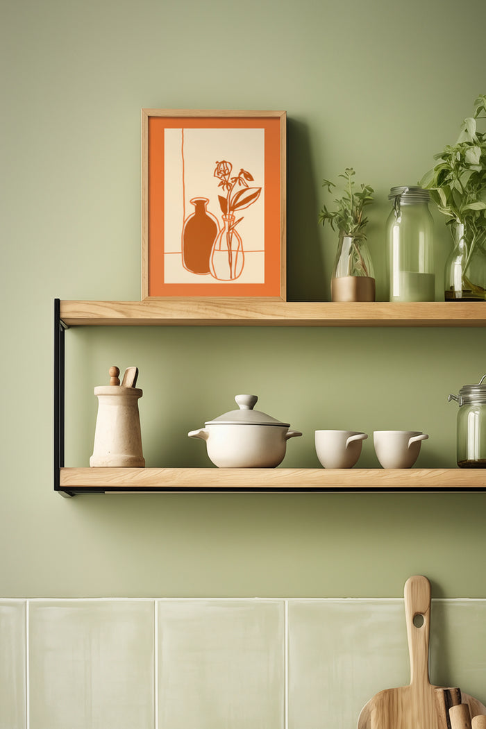 Modern still life artwork with rose and vase poster framed in a kitchen setting