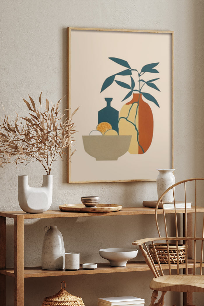 Modern still life artwork poster featuring leaf motifs, fruits in bowl, on a wall with stylish home decor