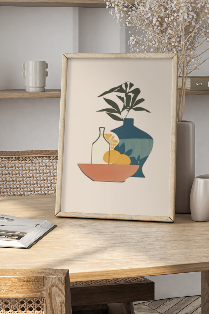 Modern Still Life Poster with Blue Vase, Clear Bottle, and Orange Bowl in Minimalist Style