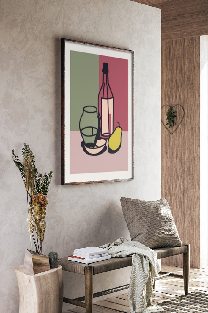 Contemporary still life artwork with wine bottle, drinking glass and yellow fruit, ready to hang wall decor