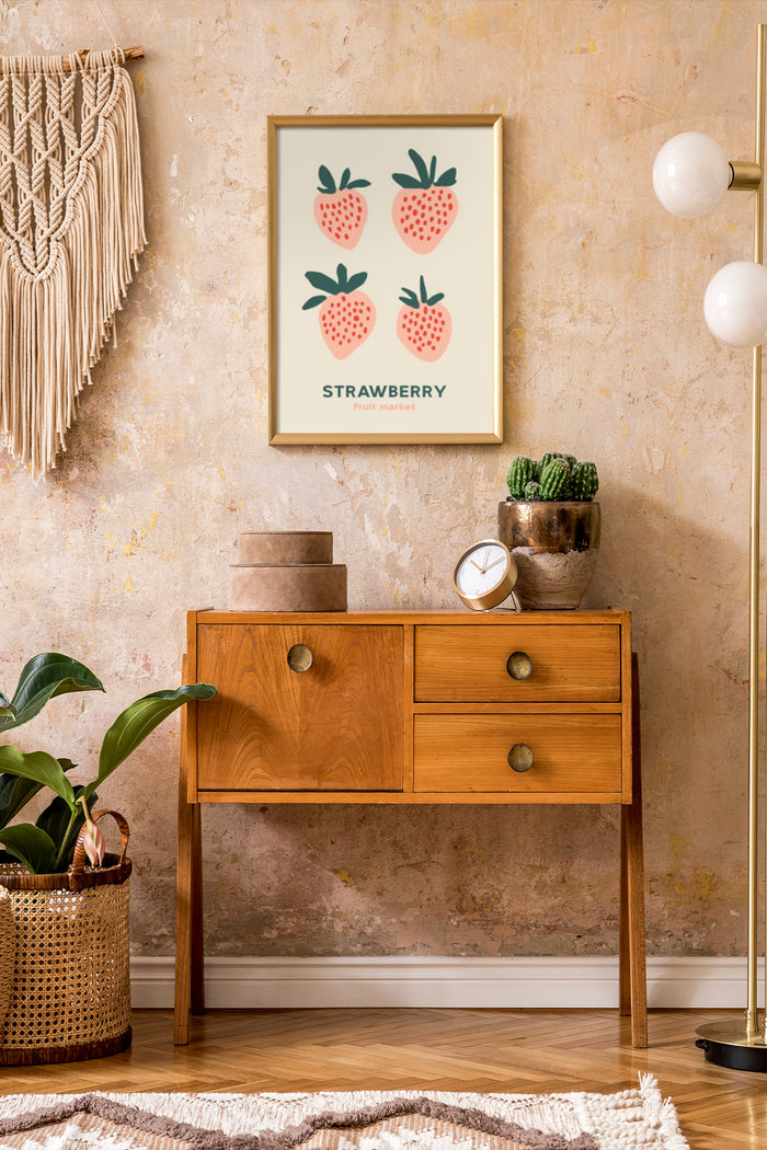 Modern strawberry illustration poster in a golden frame on a pale wall above a wooden sideboard in a trendy interior design setting