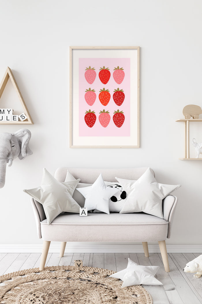 Minimalist strawberry poster art framed on a living room wall with stylish interior design elements