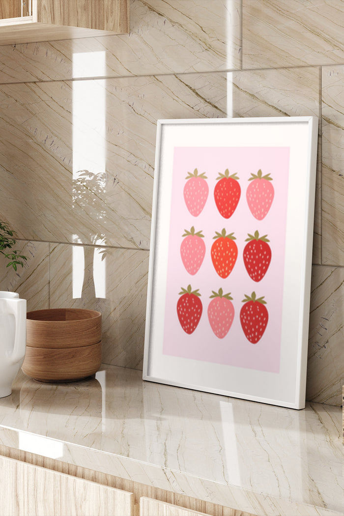 Contemporary styled room with a framed poster featuring multiple strawberries in a modern art design