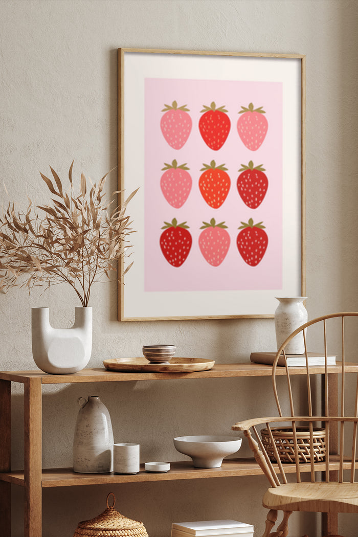 Stylish interior with modern strawberry artwork poster, wooden furniture, and ceramic decor