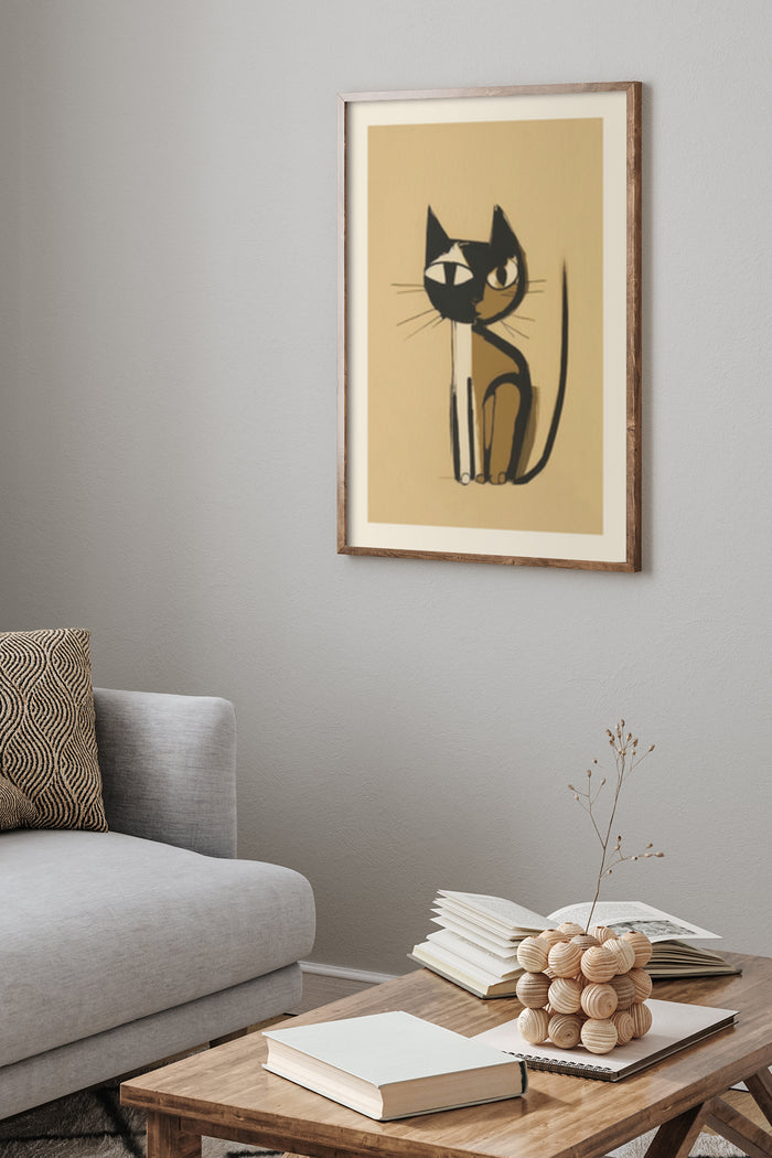 Modern stylized black and white cat artwork on poster in a contemporary home interior setting