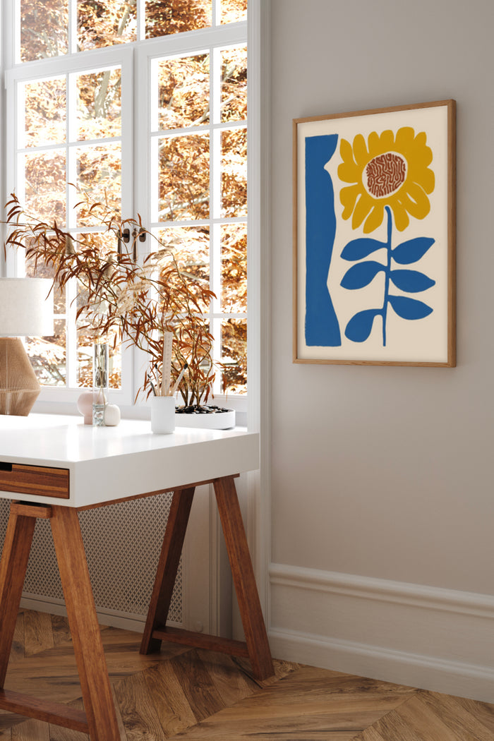 Modern Sunflower Art Poster in Elegant Home Office Interior