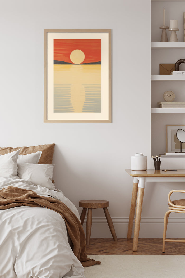Stylish bedroom interior with modern sunset over water wall art framed poster