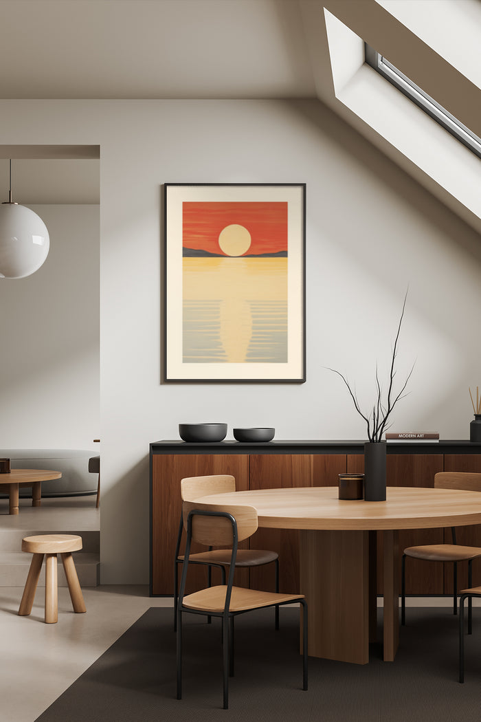 Stylish dining room with modern sunset over water wall art poster design