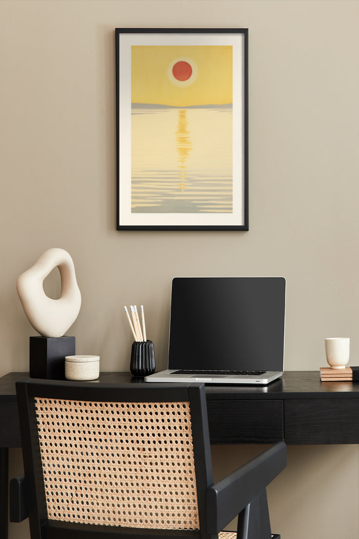 Minimalist sunset poster with warm tones above a stylish home office desk