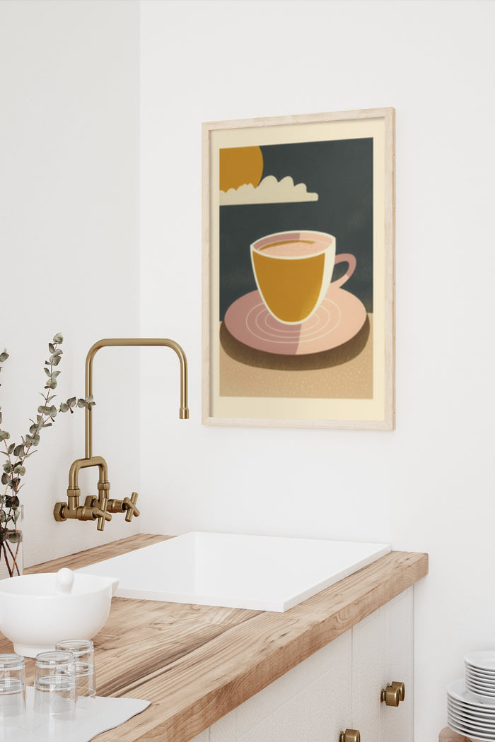 Modern teacup artwork poster displayed in contemporary kitchen setting