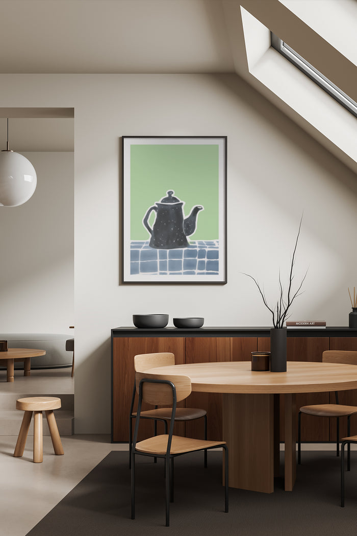 Stylish modern teapot artwork poster displayed in a contemporary dining room setting