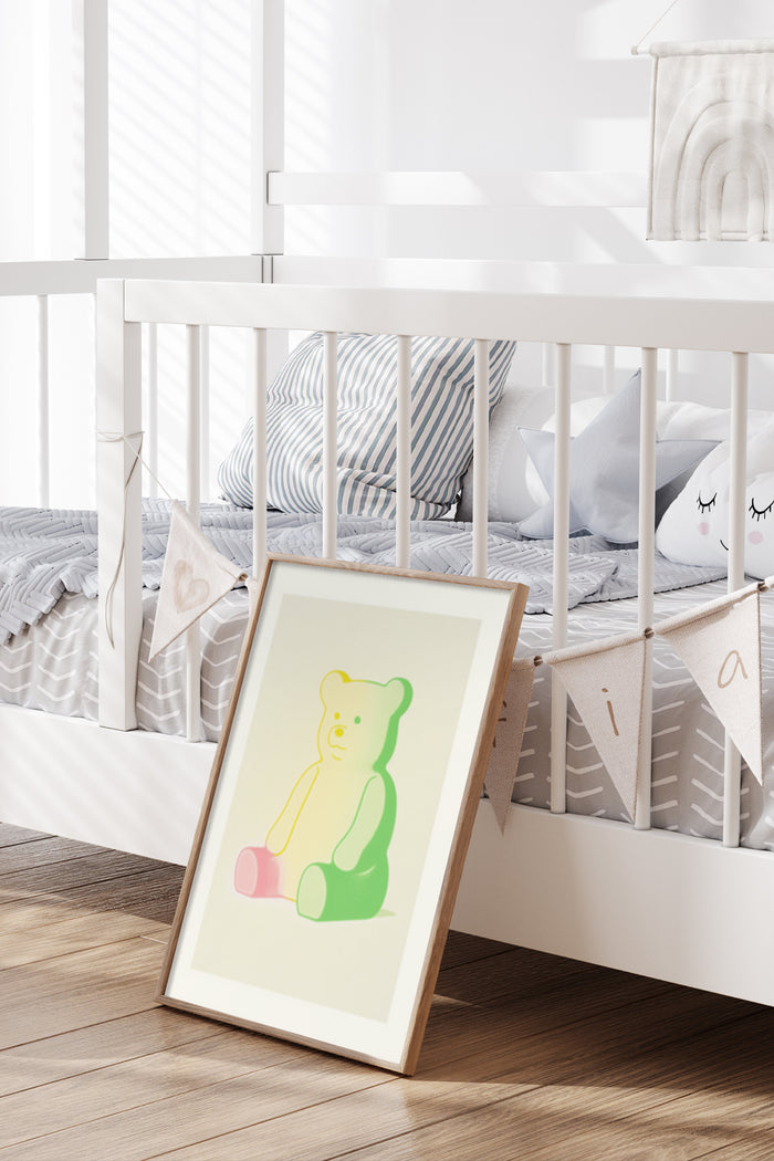 Contemporary colorful teddy bear artwork poster displayed in a stylish nursery interior setting