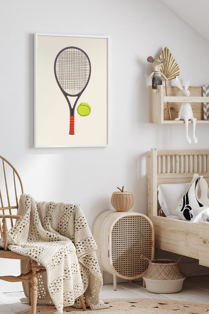 Minimalist tennis racket and ball poster design in a contemporary home setting