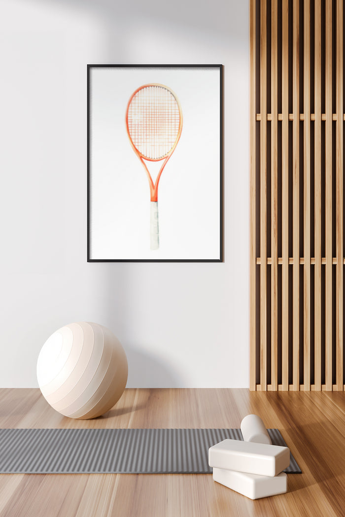 Contemporary interior design with a framed poster of a modern tennis racket on the wall
