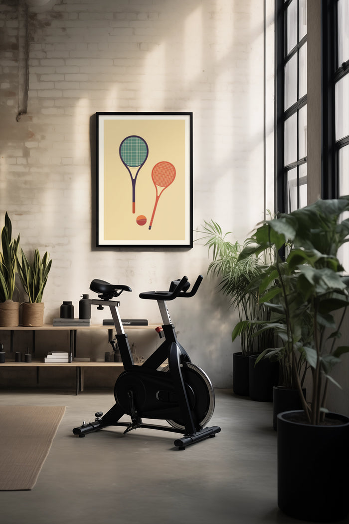 Stylish modern art poster featuring abstract tennis racquets and ball in a chic home gym setup