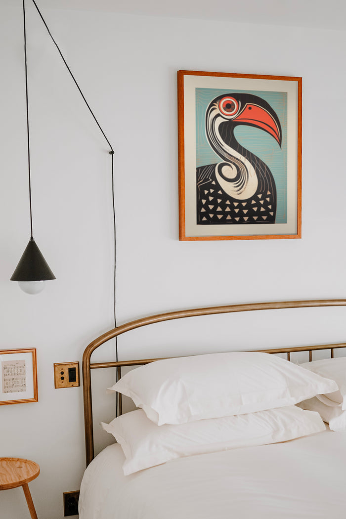 Stylish modern art poster of a toucan in a bedroom setting with geometric patterns