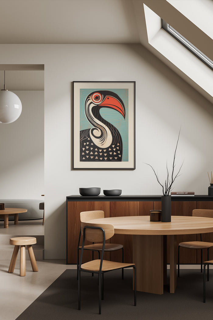 Stylish modern toucan artwork poster in a contemporary dining room setting